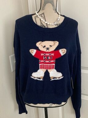 Women's Navy Teddy Bear Crewneck Long Sleeves Sweater